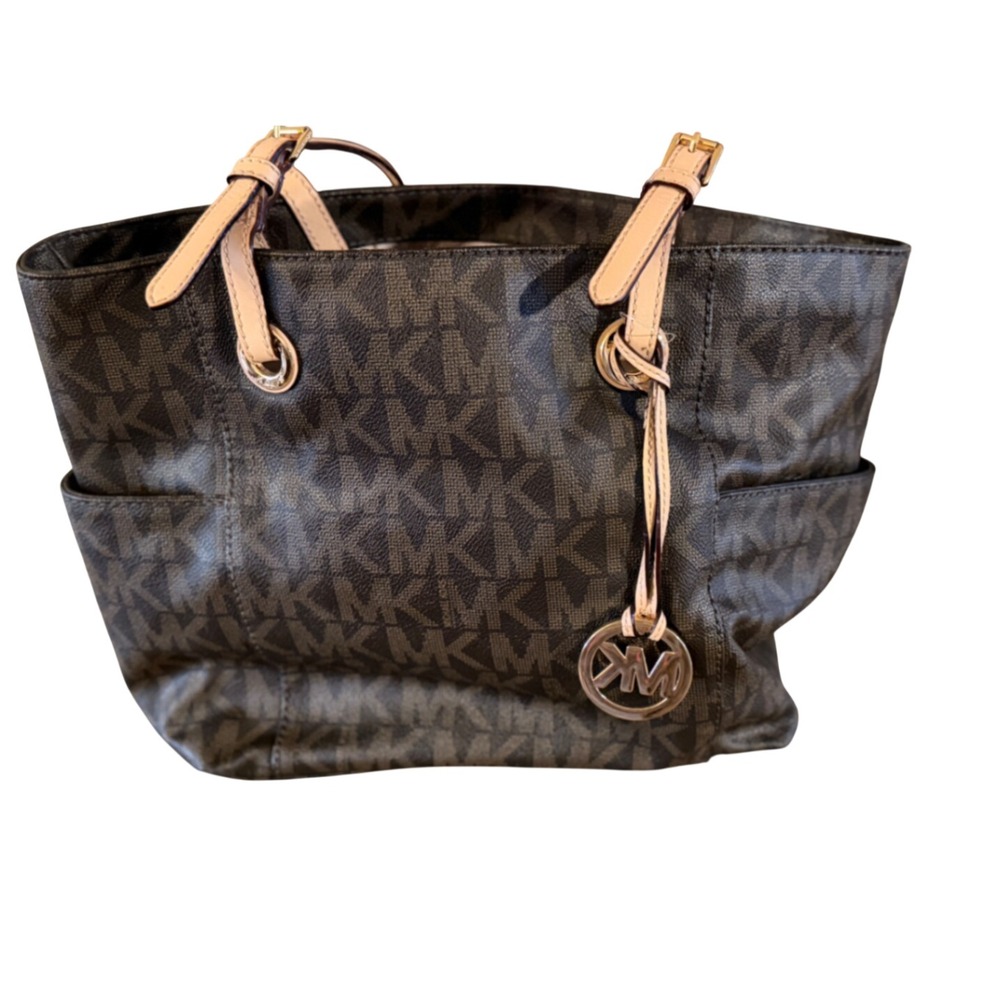 Michael Kors Jet Set Travel Tote Brown MK Signature‎ Monogram Shoulder Bag Tan